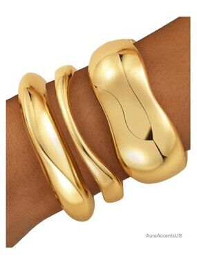 Chunky Gold Bangle Bracelets for Women, Stackable Twist Cuff Bracelet Set of 3,